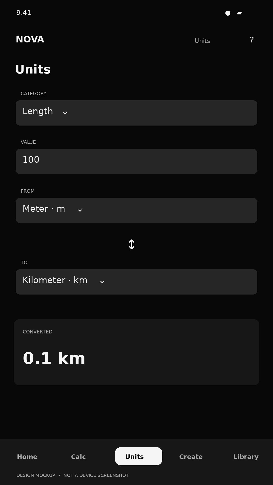 Unit converter mockup showing input, measurement category and converted result