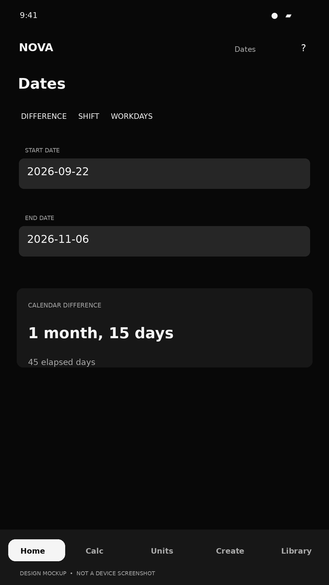 Date arithmetic and calendar tool mockup