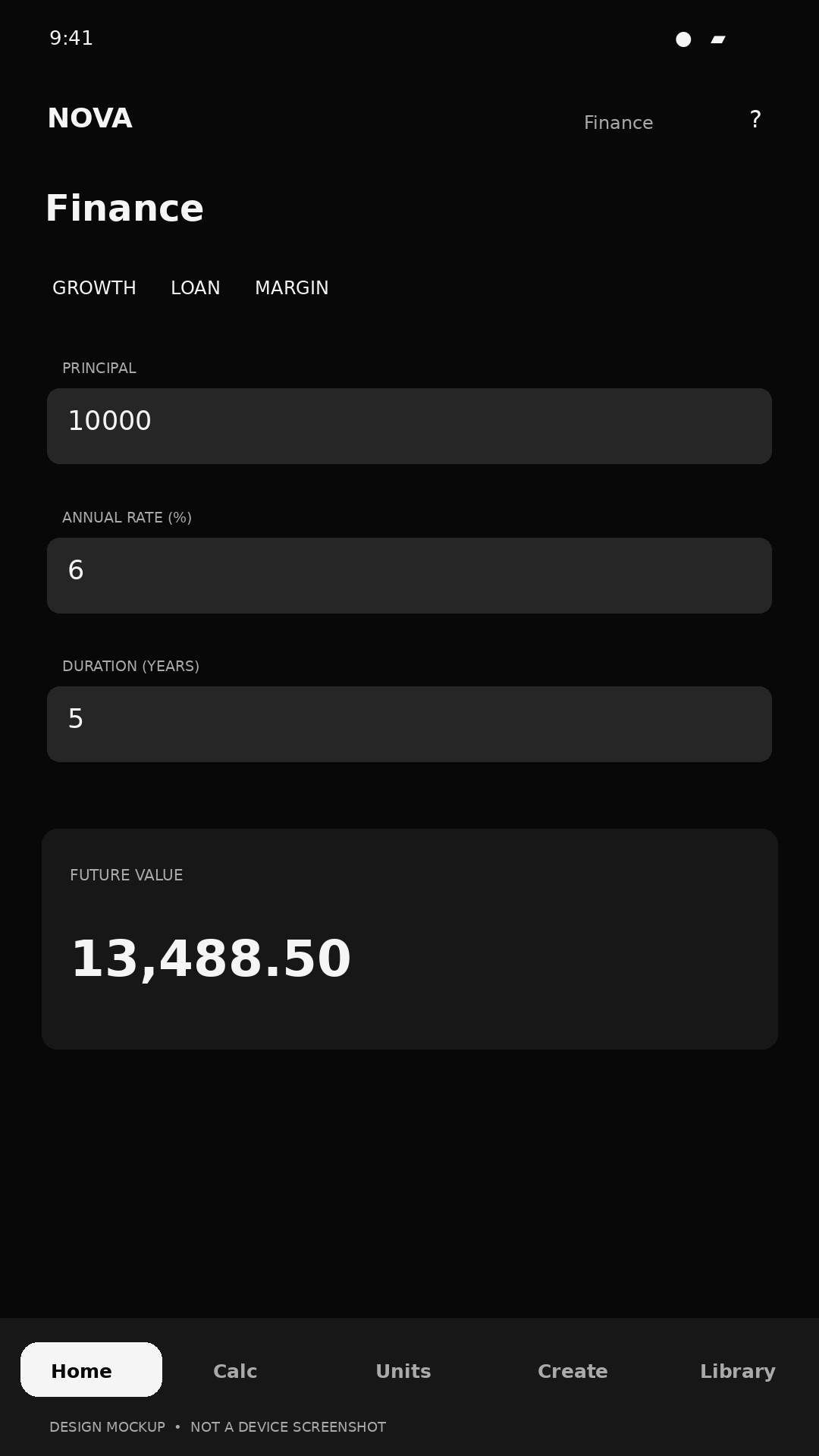 Monochrome financial calculation tool mockup