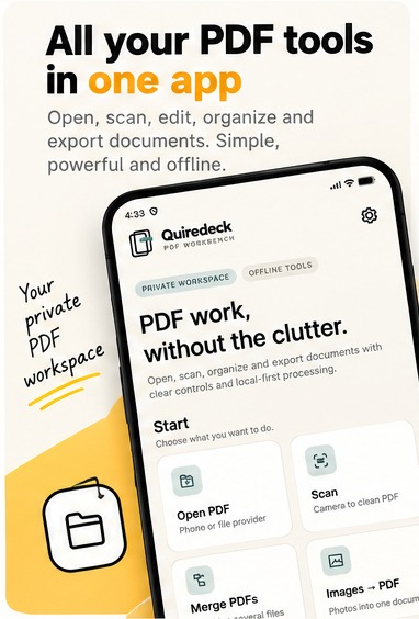 Quiredeck PDF app home screen showing PDF tools including open, scan, merge and image-to-PDF actions